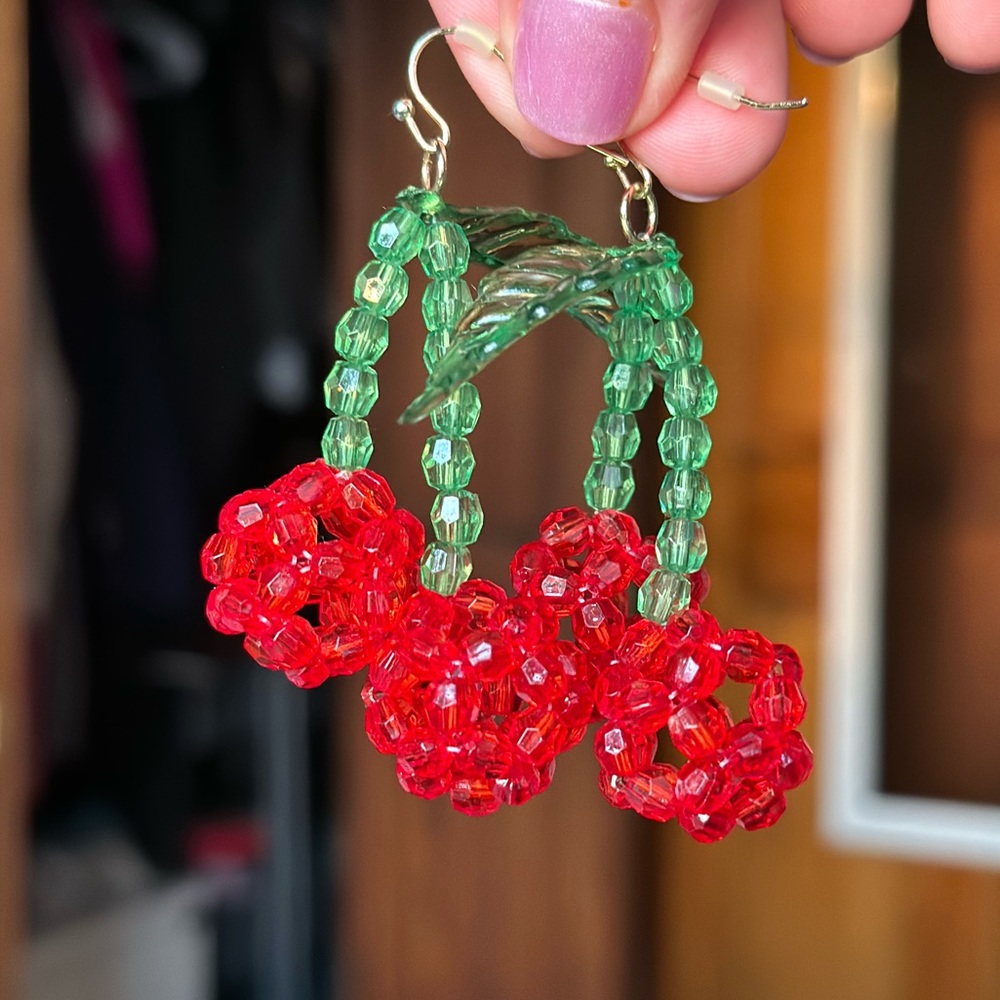 Beaded Cherry Drop Earrings